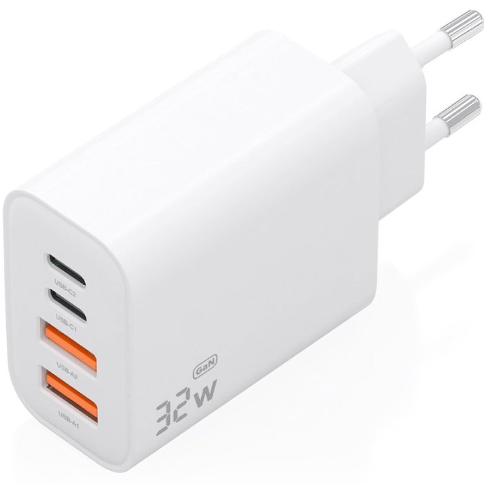 Aisens Cargador GaN 32W con 2x USB-C PD 3.0 y 2x USB-A, Blanco